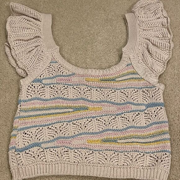 NWOT Zara Multi Color Pointelle Knit Ruffle Sleeve Cream and Pastel Crop Top - Picture 5 of 5
